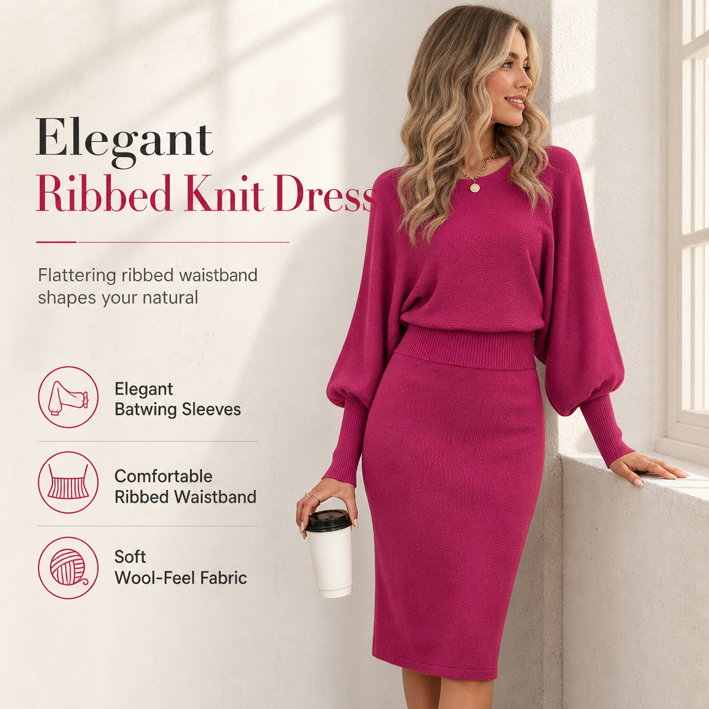 ✨ Defined Waist, Elegant Batwing Drape | Women's Ribbed Knit Midi Dress