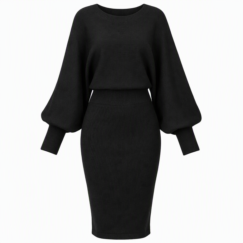 ✨ Defined Waist, Elegant Batwing Drape | Women's Ribbed Knit Midi Dress