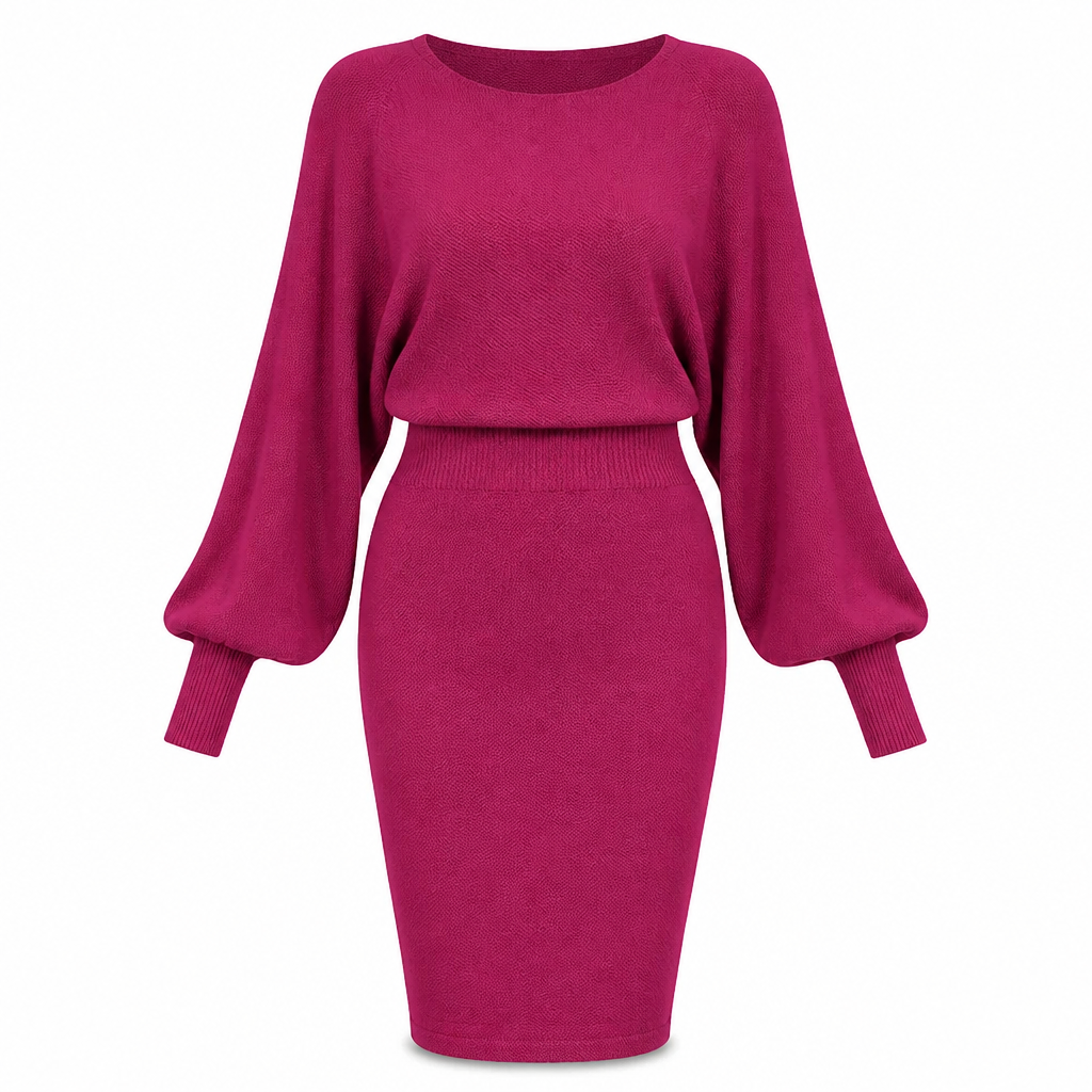 ✨ Defined Waist, Elegant Batwing Drape | Women's Ribbed Knit Midi Dress