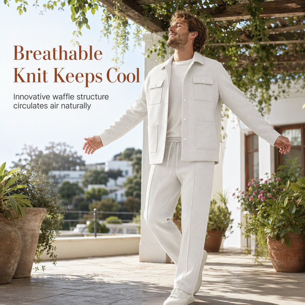 Men's Casual Waffle Knit Jacket and Pants Set