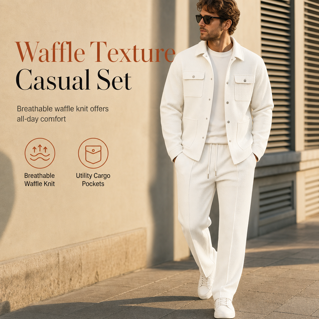 Men's Casual Waffle Knit Jacket and Pants Set