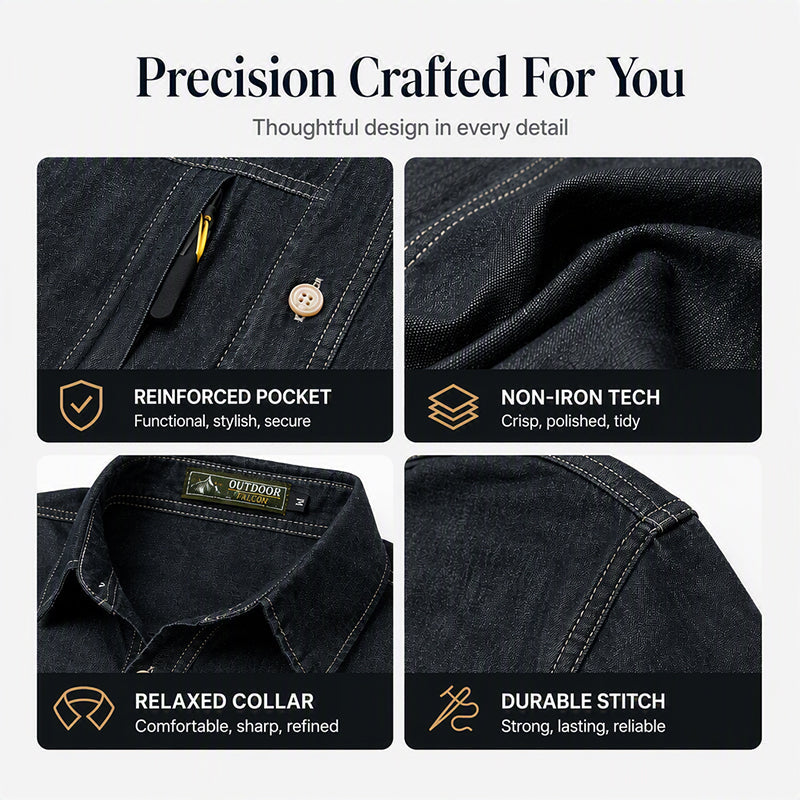 Men's Casual Denim Shirt with Zipper Pockets