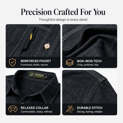 Men's Casual Denim Shirt with Zipper Pockets