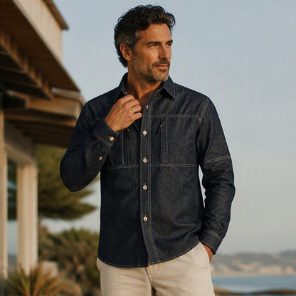 Men's Casual Denim Shirt with Zipper Pockets