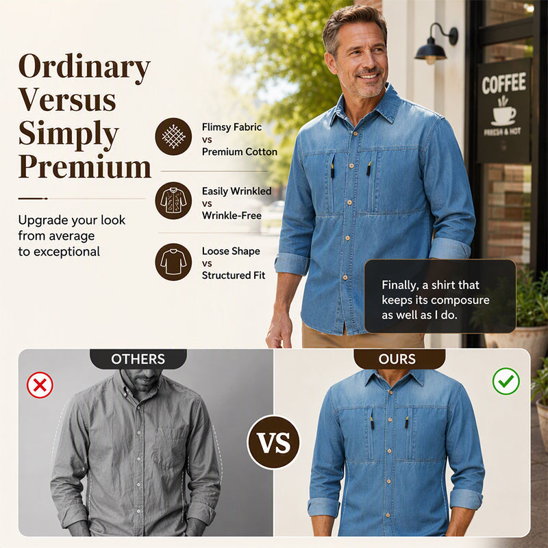 Men's Casual Denim Shirt with Zipper Pockets