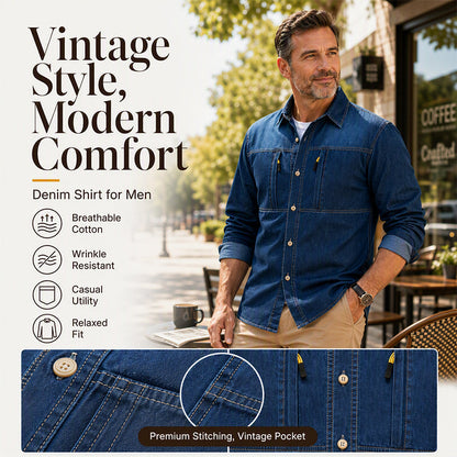 Men's Casual Denim Shirt with Zipper Pockets