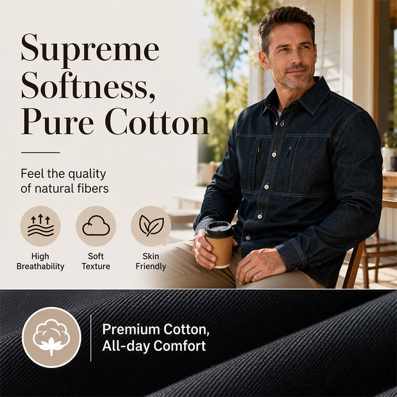 Men's Casual Denim Shirt with Zipper Pockets