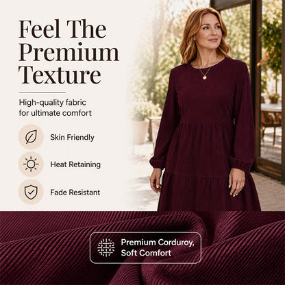 🤎 Vintage Texture, Effortless Style | Women's Corduroy Long-Sleeve Dress