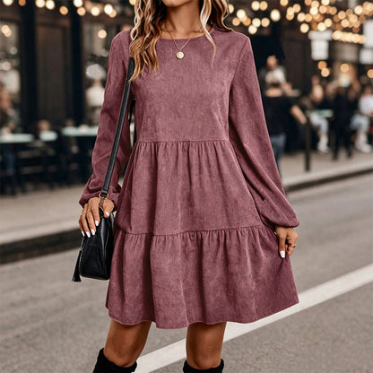 🤎 Vintage Texture, Effortless Style | Women's Corduroy Long-Sleeve Dress