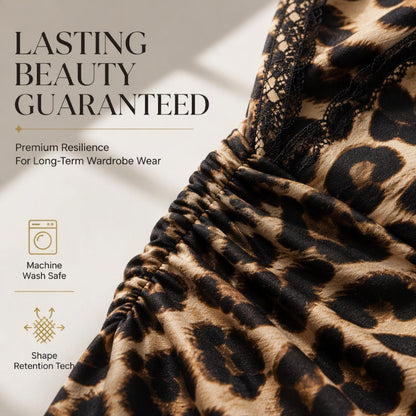 🐆 Wild Elegance | Women’s Lace V-Neck Leopard Midi Dress with Lantern Sleeves