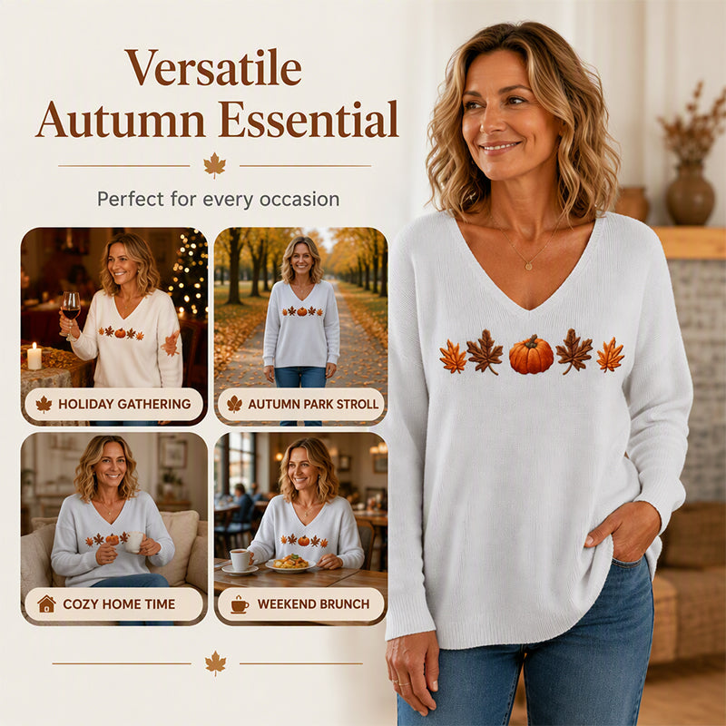 🎃 Playful Seasonal Style | Women’s Pumpkin Print V-Neck Long-Sleeve Top