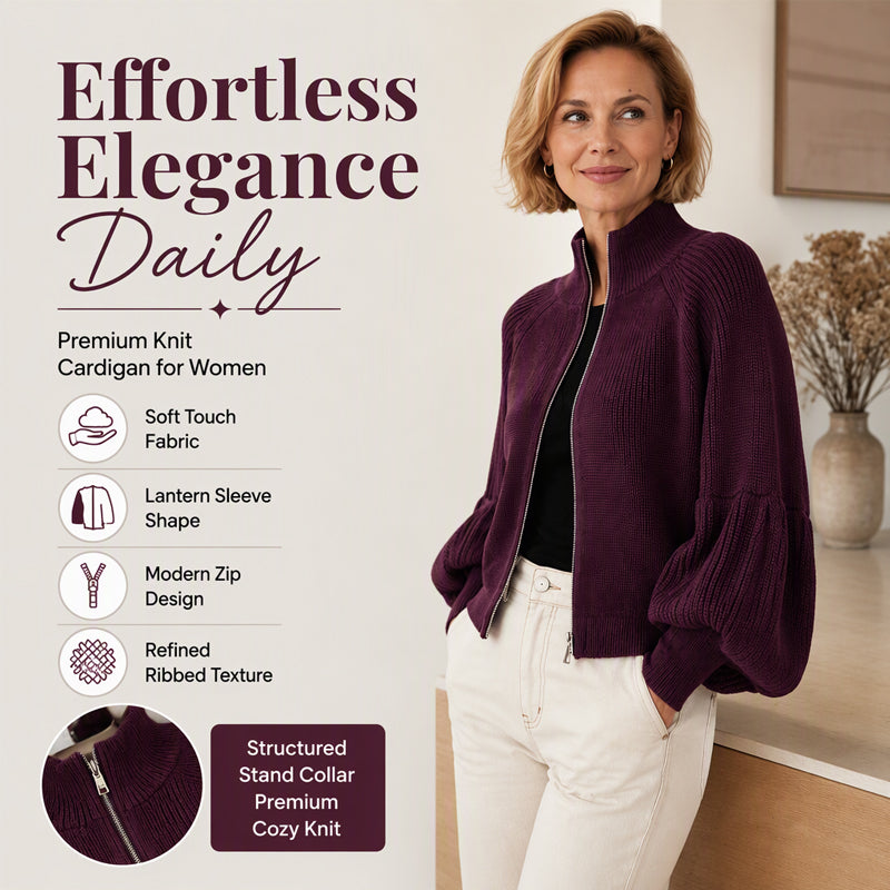 Women's Lantern Sleeve Zip-Up Knit Sweater