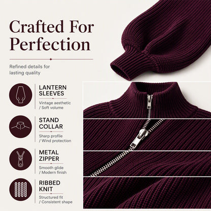 Women's Lantern Sleeve Zip-Up Knit Sweater