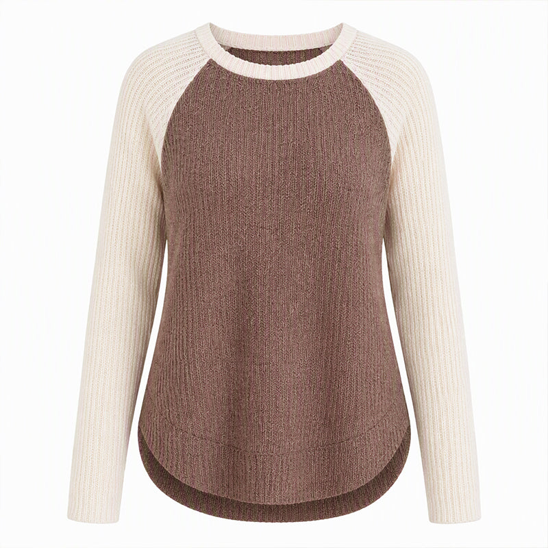 Women's Western Ranch Style Raglan Long Sleeve Knit Top with Textured Waffle Fabric and Curved Hem
