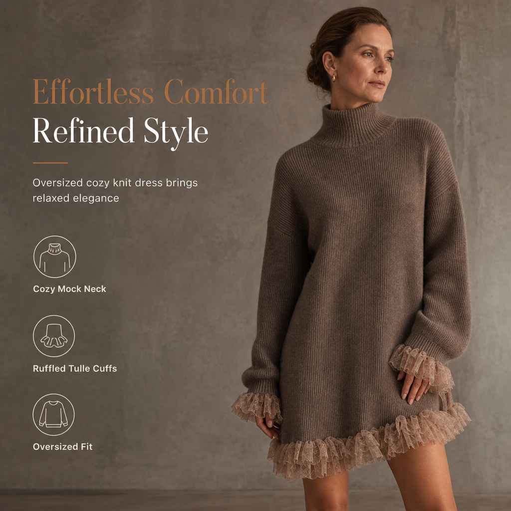 ✨ Feminine Knit Detail | Women’s Oversized Mock Neck Sweater Dress🌸