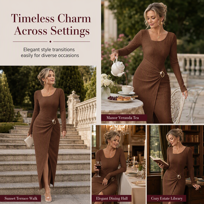 Women's Autumn Winter Solid Color Knit Texture Long Dress with Irregular Neckline