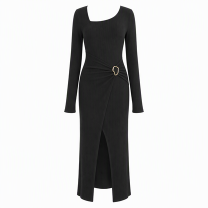 Women's Autumn Winter Solid Color Knit Texture Long Dress with Irregular Neckline