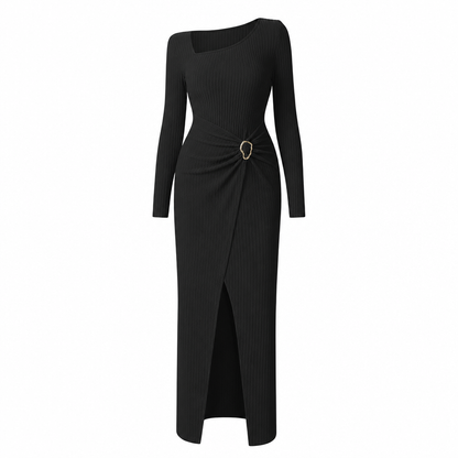Women's Autumn Winter Solid Color Knit Texture Long Dress with Irregular Neckline