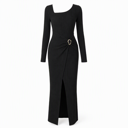 Women's Autumn Winter Solid Color Knit Texture Long Dress with Irregular Neckline