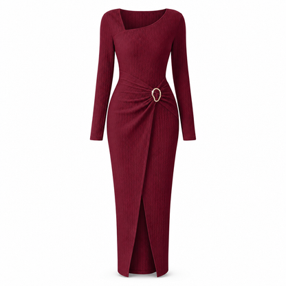 Women's Autumn Winter Solid Color Knit Texture Long Dress with Irregular Neckline