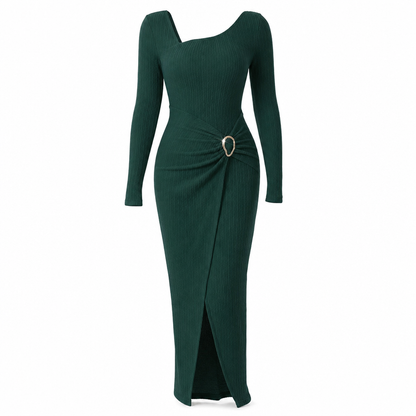 Women's Autumn Winter Solid Color Knit Texture Long Dress with Irregular Neckline