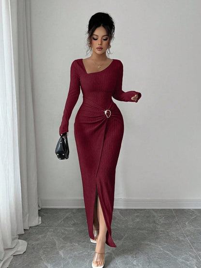 Women's Autumn Winter Solid Color Knit Texture Long Dress with Irregular Neckline