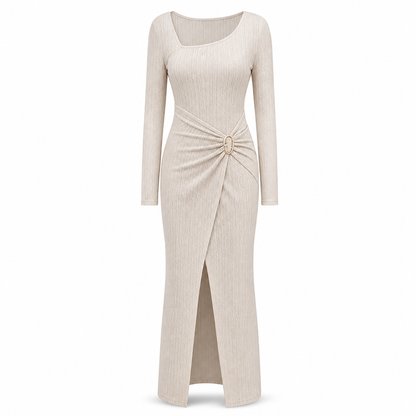 Women's Autumn Winter Solid Color Knit Texture Long Dress with Irregular Neckline