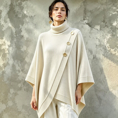 Women's Asymmetric Turtleneck Poncho Knit Sweater