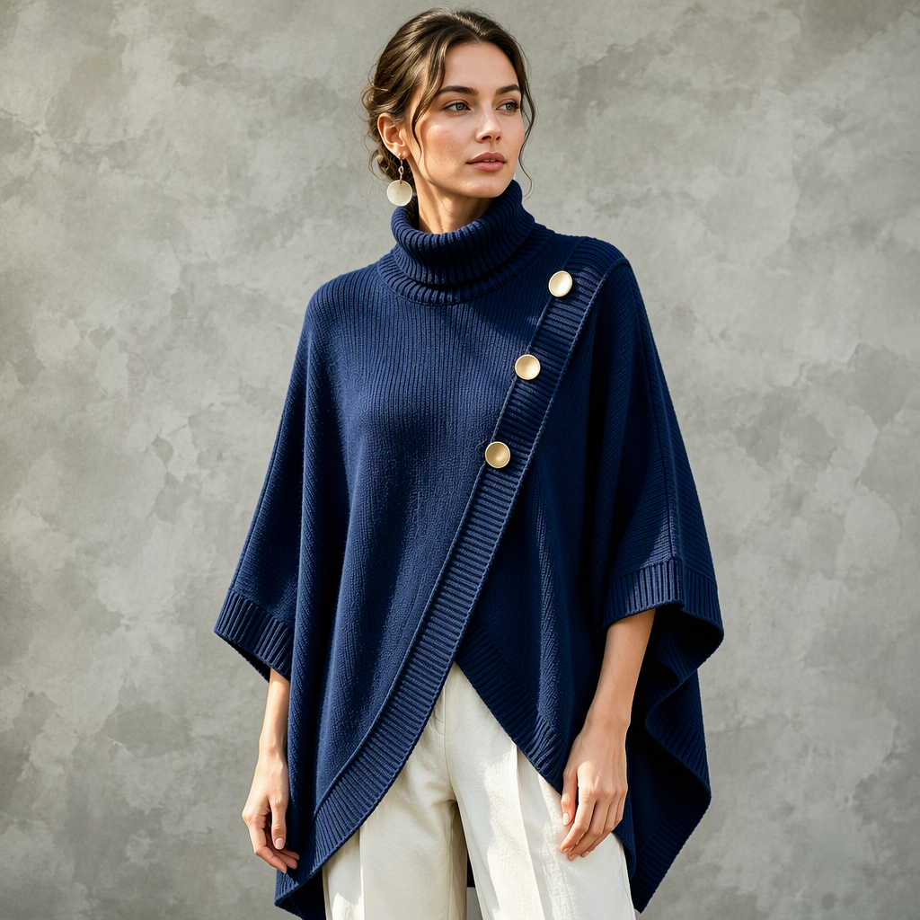 Women's Asymmetric Turtleneck Poncho Knit Sweater