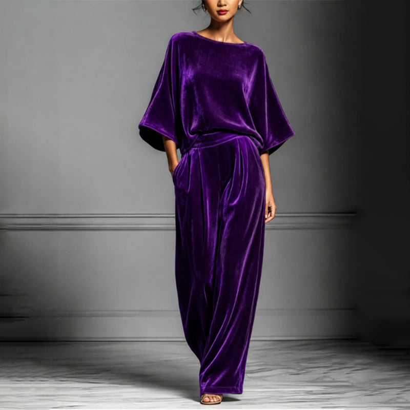 Women's Velvet Half Sleeve Top & Wide-Leg Pants Set