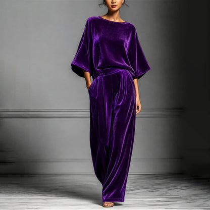 Women's Velvet Half Sleeve Top & Wide-Leg Pants Set