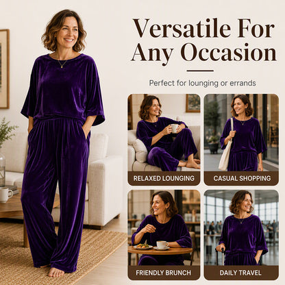Women's Velvet Half Sleeve Top & Wide-Leg Pants Set