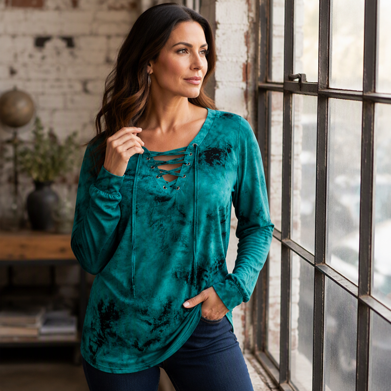 Women's Tie-Dye Printed Lace-Up V-Neck Top