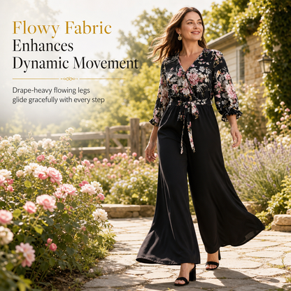 Elegant Floral Print Wrap V Neck Wide Leg Jumpsuit with Waist Tie and Ruffled 3/4 Sleeves