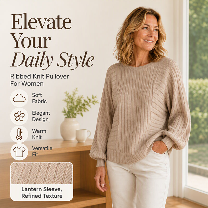 Women's Casual Lantern Sleeve Ribbed Knit Pullover