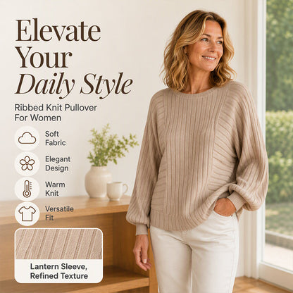 Women's Casual Lantern Sleeve Ribbed Knit Pullover