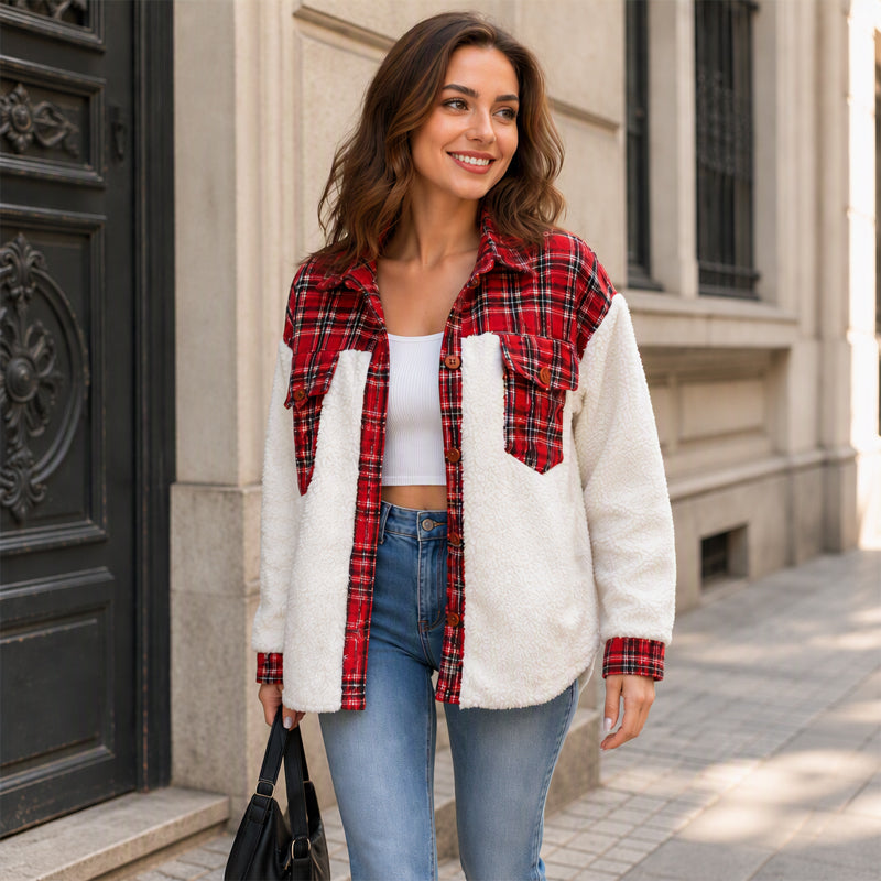 Women's Plaid Plush Patchwork Button-Down Jacket