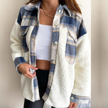 Women's Plaid Plush Patchwork Button-Down Jacket