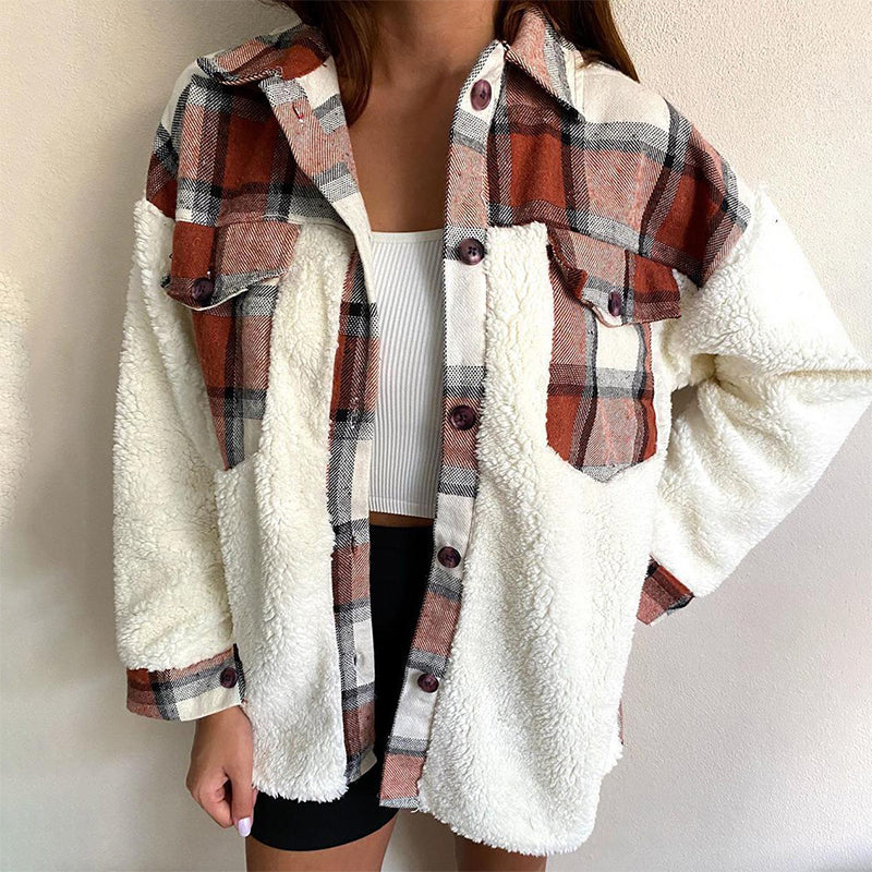 Women's Plaid Plush Patchwork Button-Down Jacket