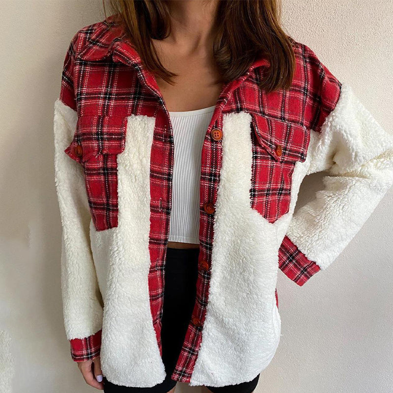 Women's Plaid Plush Patchwork Button-Down Jacket