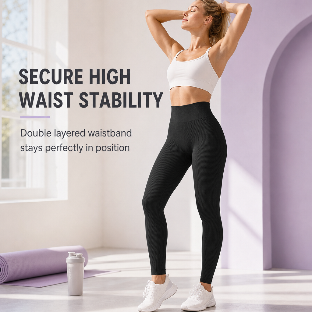 High Waisted Seamless Ribbed Yoga Pants Workout Gym Leggings Athletic Tights