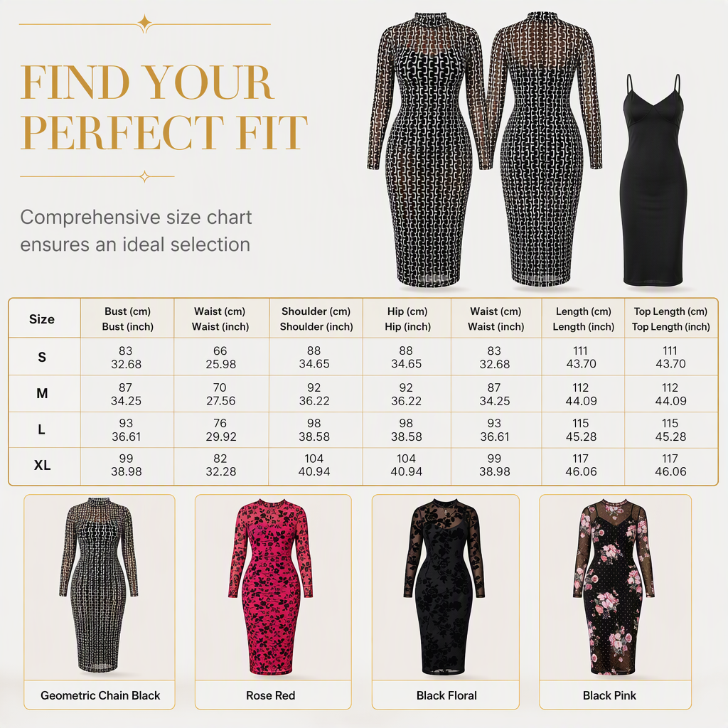 Women's 2 Piece Dress Set with Long Sleeve Mesh Chain Print Bodycon Midi Dress and Inner Slip Dress