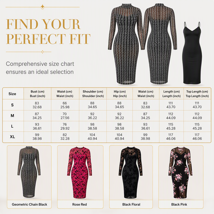 Women's 2 Piece Dress Set with Long Sleeve Mesh Chain Print Bodycon Midi Dress and Inner Slip Dress