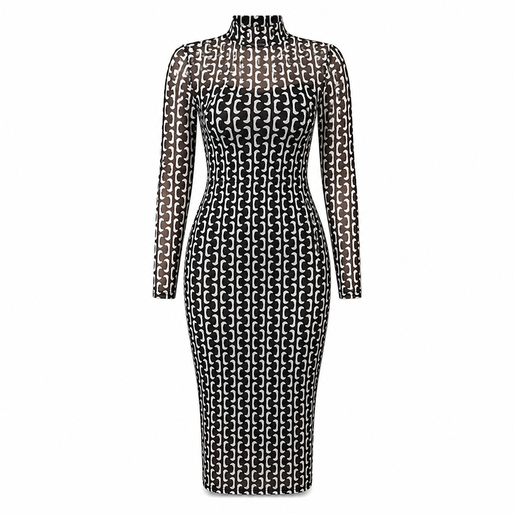 Women's 2 Piece Dress Set with Long Sleeve Mesh Chain Print Bodycon Midi Dress and Inner Slip Dress