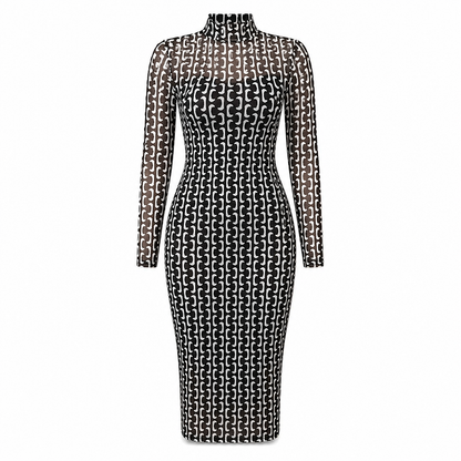Women's 2 Piece Dress Set with Long Sleeve Mesh Chain Print Bodycon Midi Dress and Inner Slip Dress