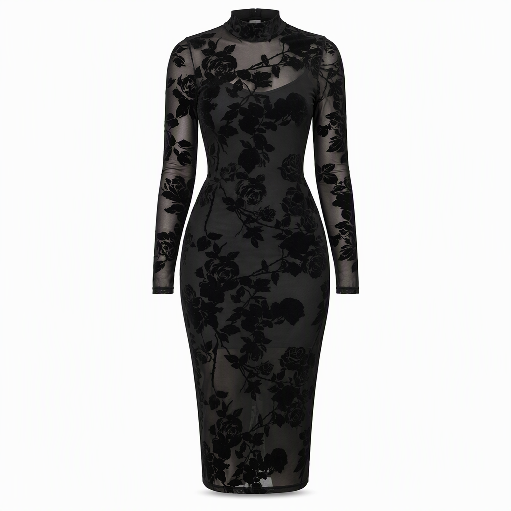 Women's 2 Piece Dress Set with Long Sleeve Mesh Chain Print Bodycon Midi Dress and Inner Slip Dress