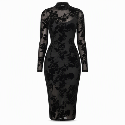 Women's 2 Piece Dress Set with Long Sleeve Mesh Chain Print Bodycon Midi Dress and Inner Slip Dress