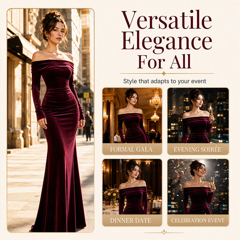 Women's Off-The-Shoulder Ruched Velvet Maxi Dress