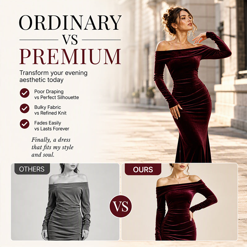 Women's Off-The-Shoulder Ruched Velvet Maxi Dress