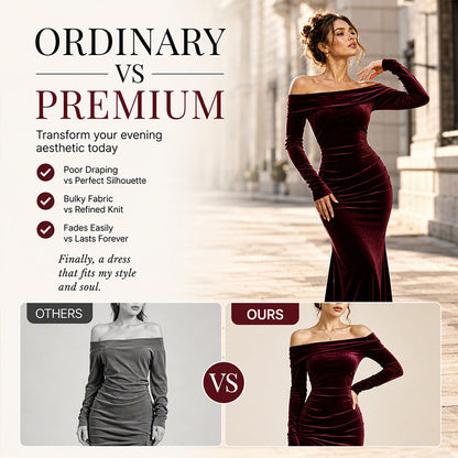 Women's Off-The-Shoulder Ruched Velvet Maxi Dress